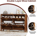 knoworld Shoe Storage Cabinet for Entryway with 4 Flip Drawers, 47.24" Narrow Fluted Shoe Organizer Cabinet, Slim Wooden Shoe Cabinet, Freestanding Hidden Shoe Cabinet for Entrance, Hallway (Walnut)