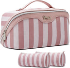 BOYATU Travel Makeup Bag for Women: Large Cosmetic Bag Set of 3 - PU Leather Make up Bag with Compartments - Compact Waterproof Toiletry Bag with Divider & Handle (B-1-Pink)