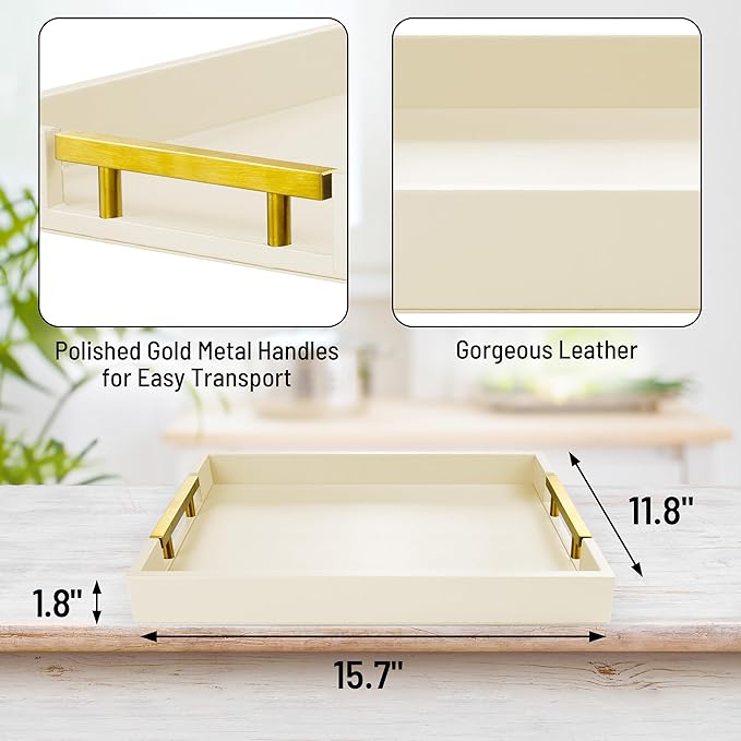 ATZYmolin Leather Serving Tray with Gold Polished Metal Handles, Home Decorative Wooden Rectangle Ottoman Decor Platter Bathroom Vanity Tray for All Occasions Cream