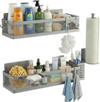 PUSDON 5-in-1 16.5" Extra Long Slim Wall Mount Wrapped Mesh Kitchen Organizer & Shower Caddy Kit, with Paper Towel Holder, Utensil Holder, Soap Dish, Holds 50LBS - Silver Gray, Netting