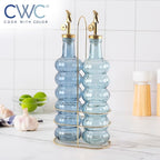 COOK WITH COLOR Glass Olive Oil Bottle Dispenser - 2 Pack- 17oz Oil and Vinegar Cruet - Olive Oil Carafe Decanter for Kitchen, Elegant Waves, Blue