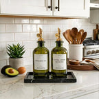 Verspace UV-Protected Green Glass Olive Oil Dispenser Bottles For Kitchen - 2 Pack - 12oz Includes 40 Kitchen Essential Labels, Avocado Oil Dispenser Set, Modern Decor for Home, Airbnb, Cafe Set of 2