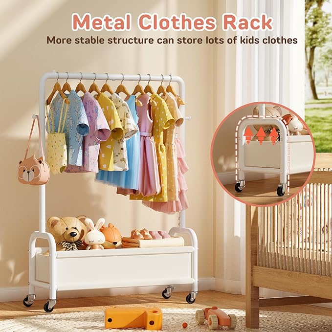 Kids Clothing Rack with Storage Shelf & Wheels, Kids Dress Up Rack Storage for Coats, Small Baby Garment Rack for Hanging Clothes, Toddler Wardrobe Closet Organizer for Kids (Classic, White)
