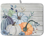 Fall Blue Orange Grey Pumpkin Kitchen Dish Drying Mat for Kitchen Counter 18x24 Inch Autumn Teal Flowers Drying Mat Thanksgiving Harvest Dish Drainer Mat Super Absorbent Dish Rack Pad for Coffee Bar