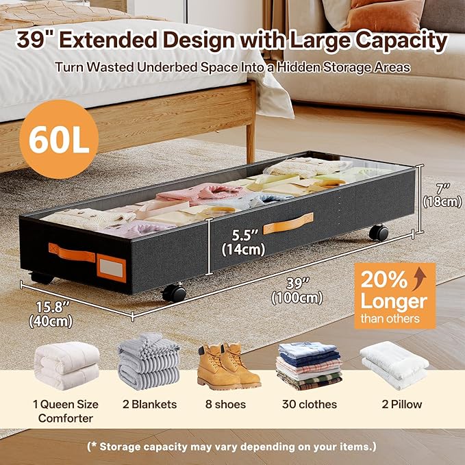 Under Bed Storage with Wheels 39inch, Extra Long Under Bed Storage Bins, Low Profile Under Bed Storage 5.5inch Height No Assemble Storage Containers, Under Bed Shoe Storage with Lids