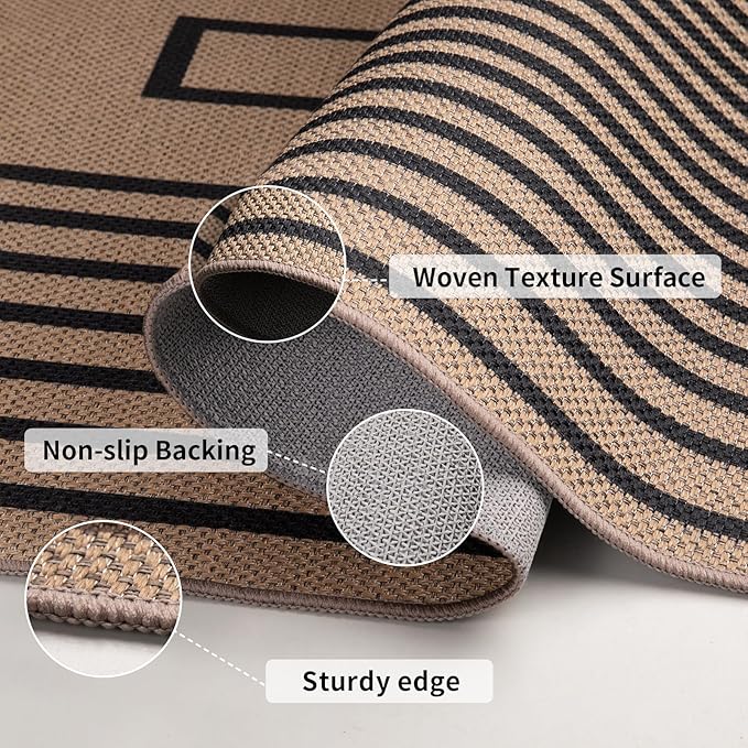Tangsoo Easy Jute Rug 2x6 Washable Runner Rug for Hallways,Non-Slip Black Geometric Thin Outdoor Rug,Modern Farmhouse Carpet for Porch Laundry Bedroom Living Room Entryway