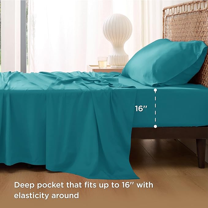 Bedsure Cooling Sheets Twin XL, Rayon Derived from Bamboo, Breathable & Soft Twin XL Sheet Sets, Deep Pocket Up to 16 Inches, Hotel Luxury Silky Dorm Bedding for Hot Sleepers, Turquoise