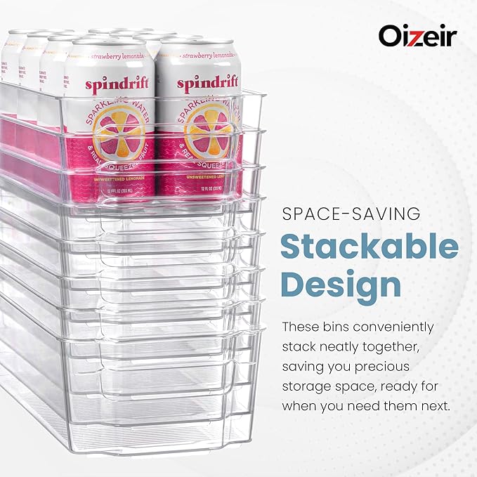 Oizeir 8 Pack Clear Plastic Storage Bins with Handles – Stackable Fridge Organizer Bins for Refrigerator, Freezer, Pantry, Kitchen Cabinet & Cupboard Organization, BPA-Free Acrylic, Transparent