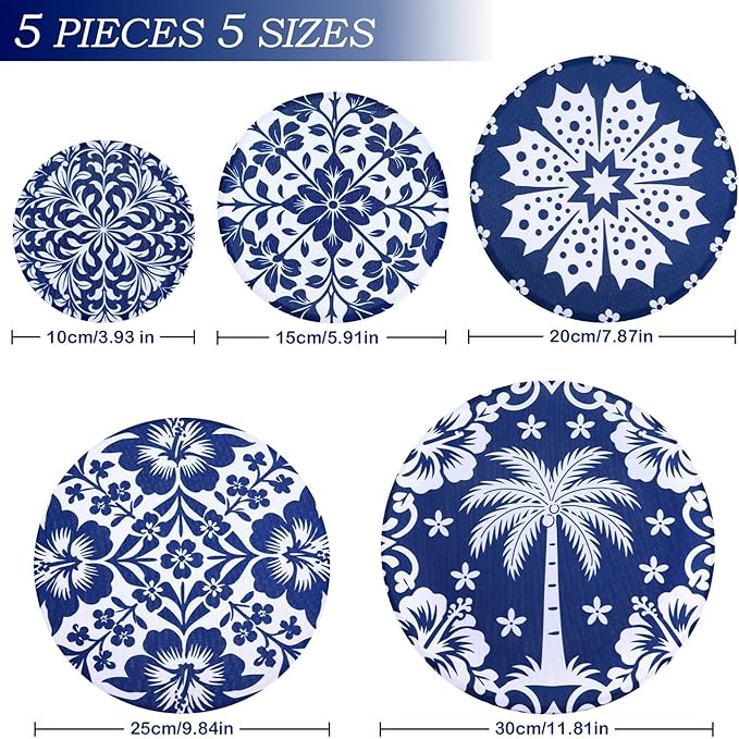 5 Pieces Bowl Covers Reusable, 5 Size Elastic Cloth Bowl Covers for Bread Proofing Stretch Food Covers Washable for Food Fruits Leftover (Blue Coconut Tree)