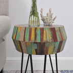 Drum Round Wood Side Table 16" x 16" x 21" H Reclaimed Rustic Multicolor Patio