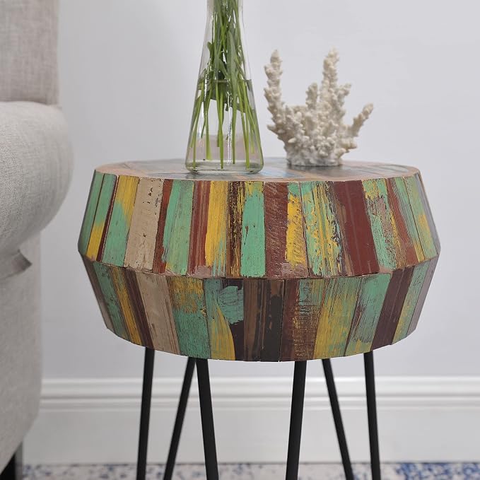 Drum Round Wood Side Table 16" x 16" x 21" H Reclaimed Rustic Multicolor Patio