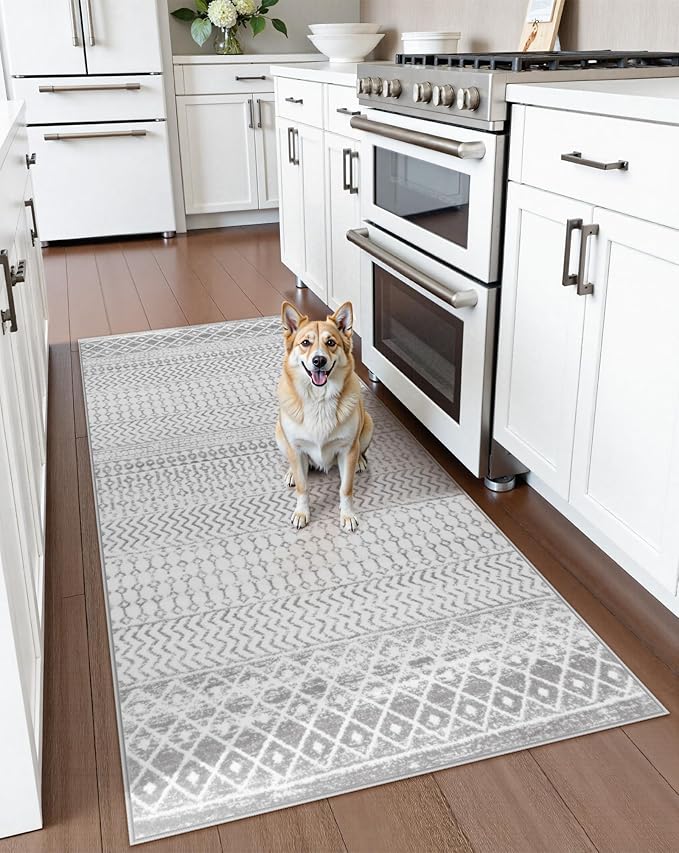 Moroccan Washable Runner Rug, 2x5 Ultra Soft Non-Slip Hallway Rug, Low Pile Distressed Gray Bathroom Rugs Carpet Runner for Entryway Kitchen Bedroom Laundry Room