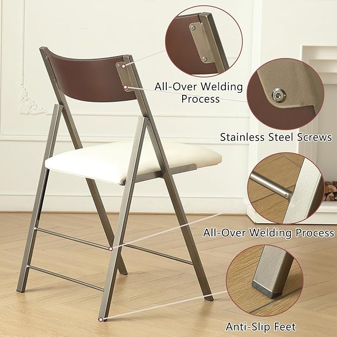 Folding Chairs with Cushion 2 Pack - Heavy Duty Steel Frame Foldable Dining Chairs, Waterproof Leather Indoor Outdoor Padded Chairs for Home, Conference Rooms,Weddings, Events (White)