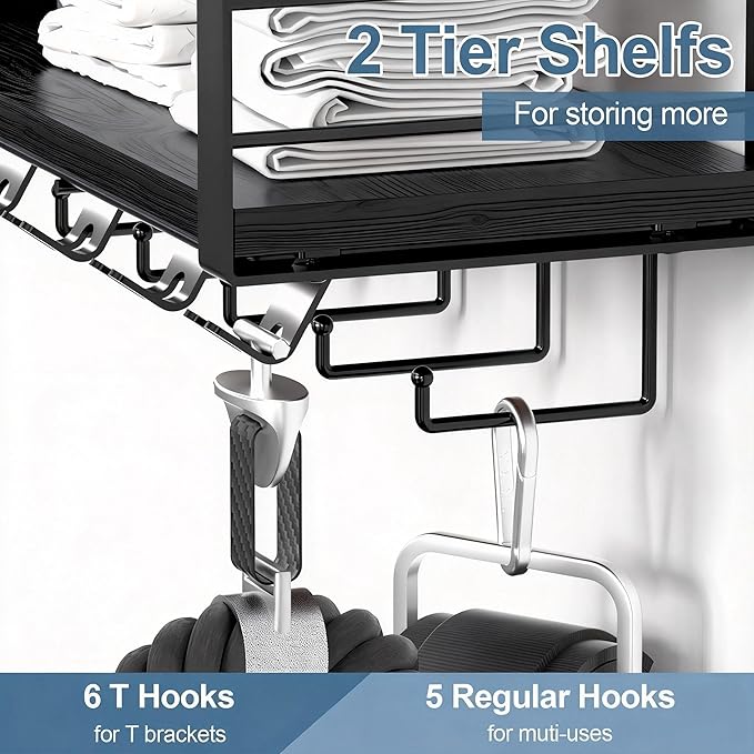 TJ.MOREE 2 Tier Floating Shelf Compatible with Tonal Accessories, T-Bracket Lock Adapters Hanger, Wall Mount Home Gym Storage Rack for Fitness Equipment, Black