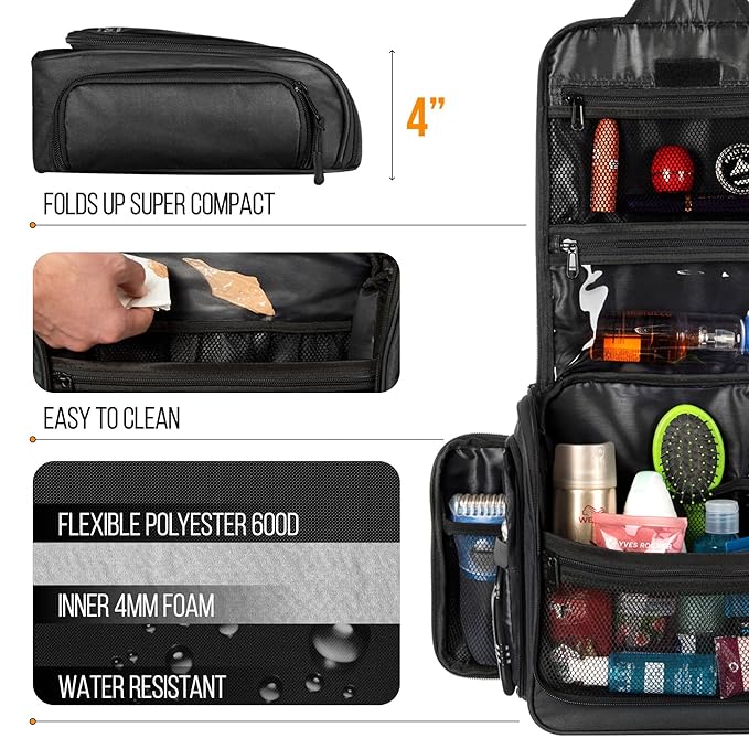 Travel Toiletry Bag for Men and Women - (10.6”x10.6”x3.2”) Large Hanging Toiletry Organizer - Waterproof Hygiene Bag with Metal XXL Swivel Hook, with Sturdy Zippers and 19 Compartments for Toiletries