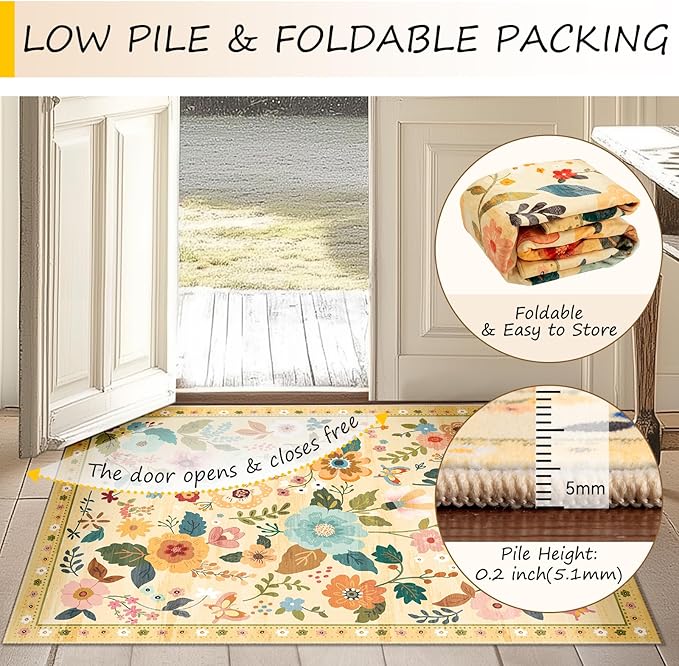 Floral 8x10 Area Rug Machine Washable Soft Print Boho Carpet Non Slip Doormat Low Pile Flower Area Rugs for Living Room Bedroom Nursery Kitchen Dining Room Indoor-Ivory/Yellow