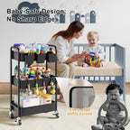 Baby Diaper Caddy Organizer and Storage, 3 Tier Rolling Cart with Wheels for Newborn Nursery Essentials, Baby Organizers for Changing Table, Crib, Bedroom, Movable Bedside Organizatio (Black)