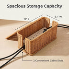 Scalloped Handwoven Rattan Cable Management Basket, 2 Open Slots Plastic Wicker Cord Hider Box for TV Wires Computer Router USB Hub Strip