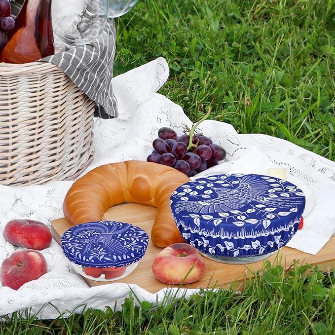 5 Pieces Bowl Covers Reusable, 5 Size Elastic Cloth Bowl Covers for Bread Proofing Stretch Food Covers Washable for Food Fruits Leftover (Batik Bird)