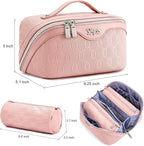 BOYATU Travel Makeup Bag for Women: Cosmetic Organizer Bag with Compartments - Leather Make up Bags Set of 3 (G-3-Pink)
