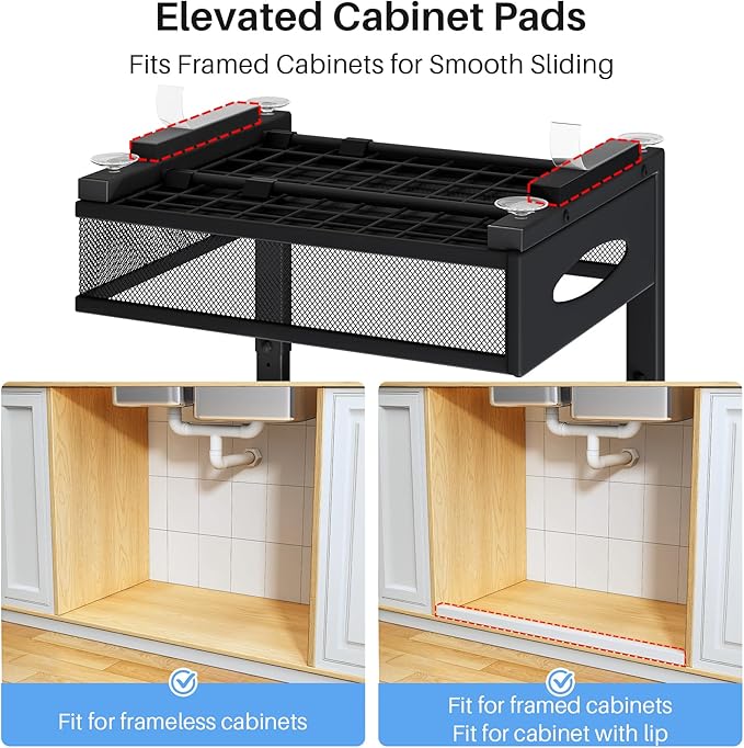 Under Sink Organizer, 2 Pack 2 Tier Pull Out Under Cabinet Organizer Shelf with Pad for Framed Cabinets, Metal Slide Out Under Sink Storage, Mesh Sliding Drawers for Kitchen Bathroom Laundry, Black