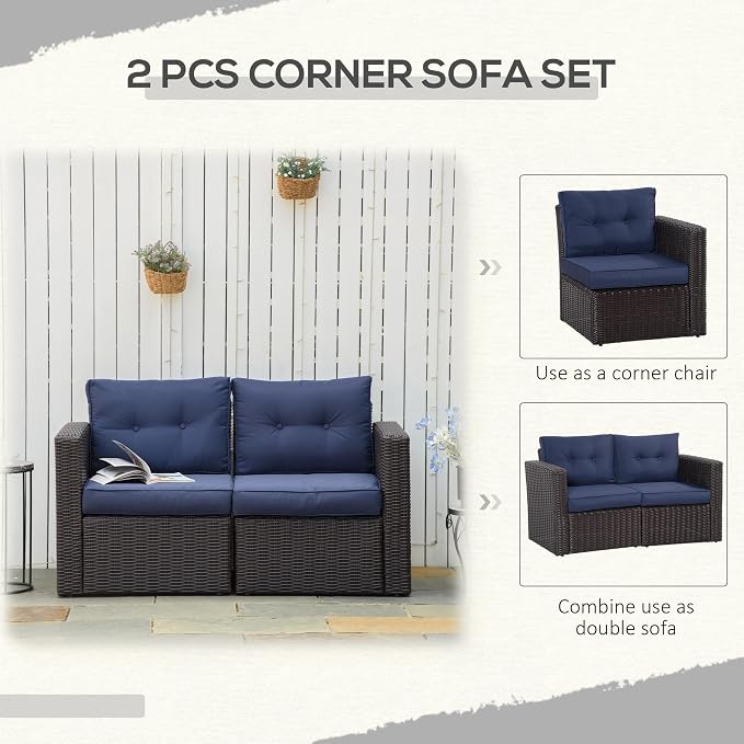 Outsunny 2 Piece Patio Wicker Corner Sofa Set, Outdoor PE Rattan Furniture