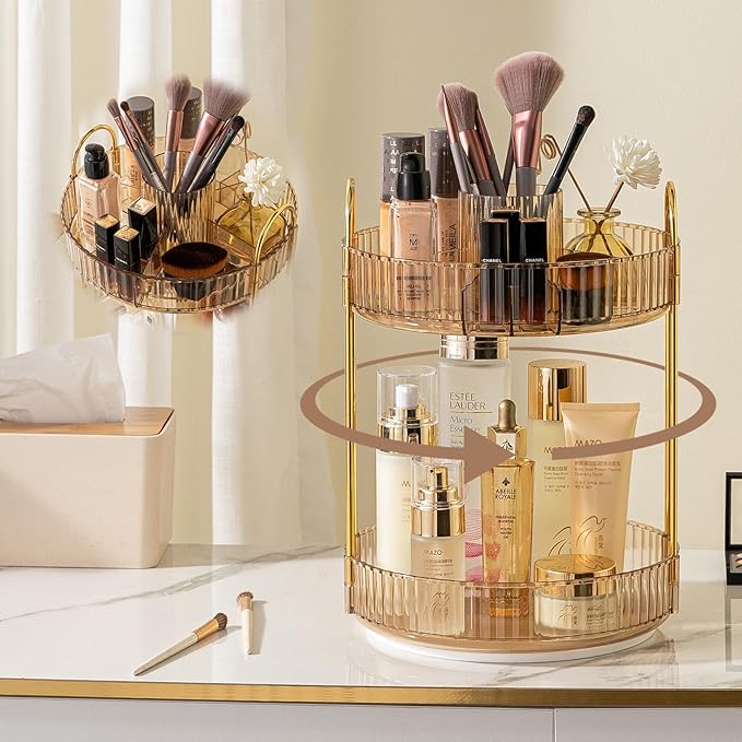shuang qing Rotating Makeup Organizer for Vanity, High-Capacity Skincare Clear Make Up Storage Perfume Organizers Cosmetic Dresser Organizer Countertop 360 Spinning (Gold, New-2 Tier)