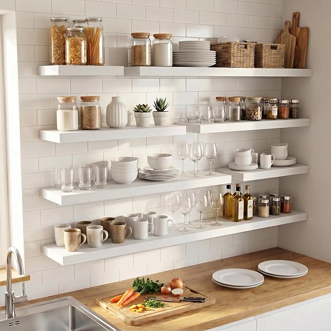 Venusmiles Floating Shelves for Wall, 48 Inch Floating Shelves Set of 1, 6.5" D Wooden Wall Mounted Display Shelves with Invisible Brackets for Living Room, Bedroom, Bathroom, Kitchen Decor, White