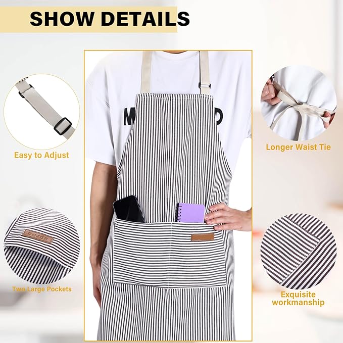 Handepo 4 Pcs Kitchen Aprons with Pockets Adjustable Waterproof Cotton Aprons Striped Apron for Women Men Chef Mother Gift