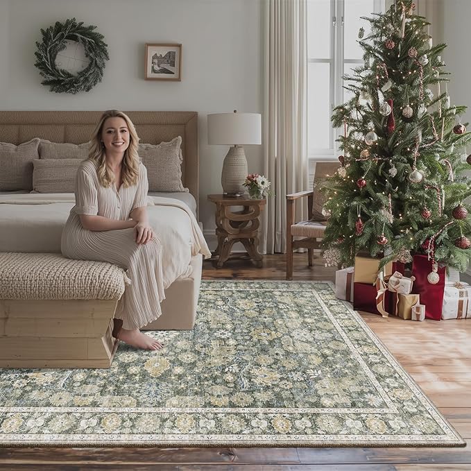 6x9 Washable Rug Vintage Fade Resistant Boho Distressed Non-Slip Indoor Large Carpet Low Pile Lightweight & High-Traffic Safe for Bedroom, Dorm, Playroom - Farmhouse Decor