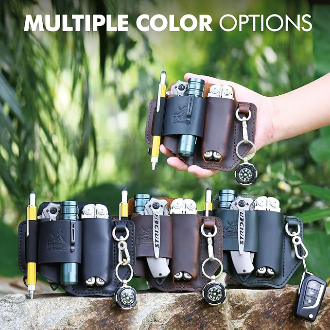 FLYHOMES Genuine Leather Multitool Sheath | Handmade Stitched EDC Belt Organizer for Leatherman Surge | Flashlight, Knife Holster, Pen & Tools Pouch | Dark Brown + Black (Large)