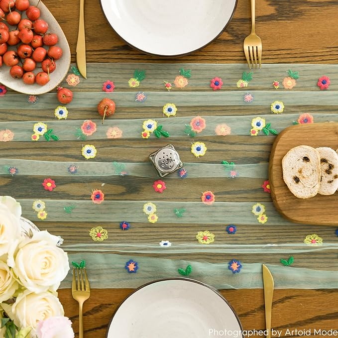 Artoid Mode Sage Green Embroidery Daisy Gauze Table Runner 120 Inch 10FT, Seasonal Sheer Dining Holiday Wedding Birthday Table Decor for Home Party