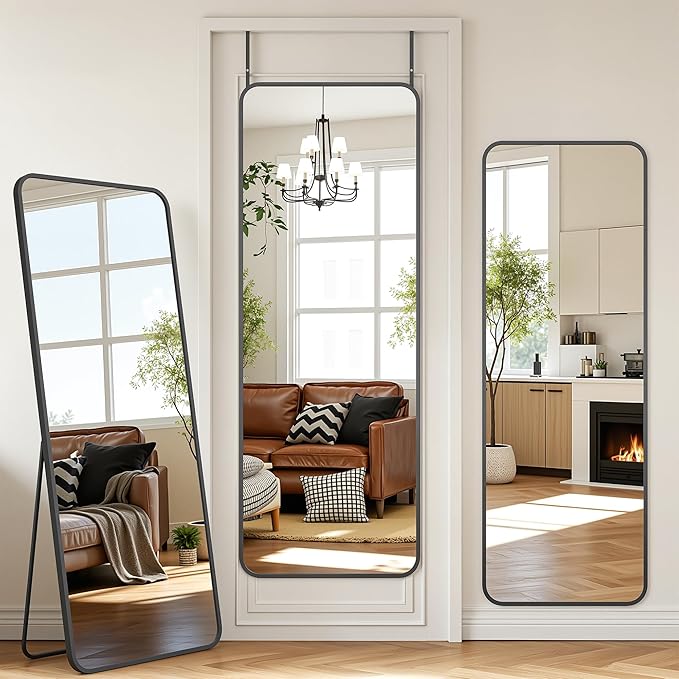 Antok 49''x 15''Full Length Mirror Over Door, 4-in-1 Standing Leaning Wall Mounted, Adjustable Hanging Mirror for Bedroom Living Room, Black, Rounded Corner