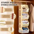 Fabric 4 Tier Hanging Closet Organizers Heavy Duty Shelf Hanging Storage Towel Clothes Sweater Jeans Bag Organizer For Closet For Bedroom,Dorm,RV,See Through Front Panel, Space-Saving (Beige-4Tier)