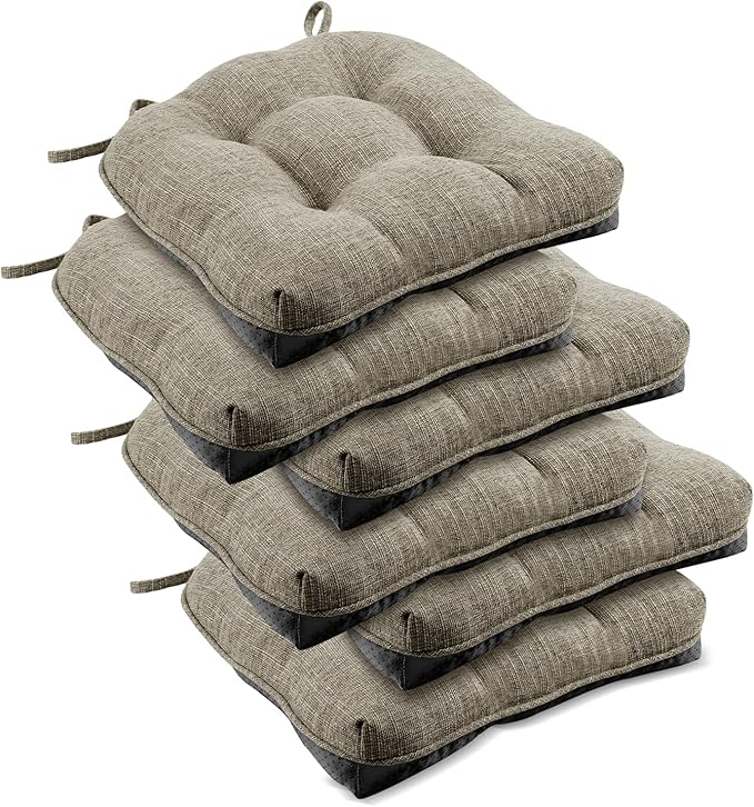 downluxe Indoor Chair Cushions for Dining Chairs, Tufted Overstuffed Textured Foam Kitchen Chair Pads with Ties and Non-Slip Backing, 15.5" x 15.5" x 4", Khaki, 6 Pack