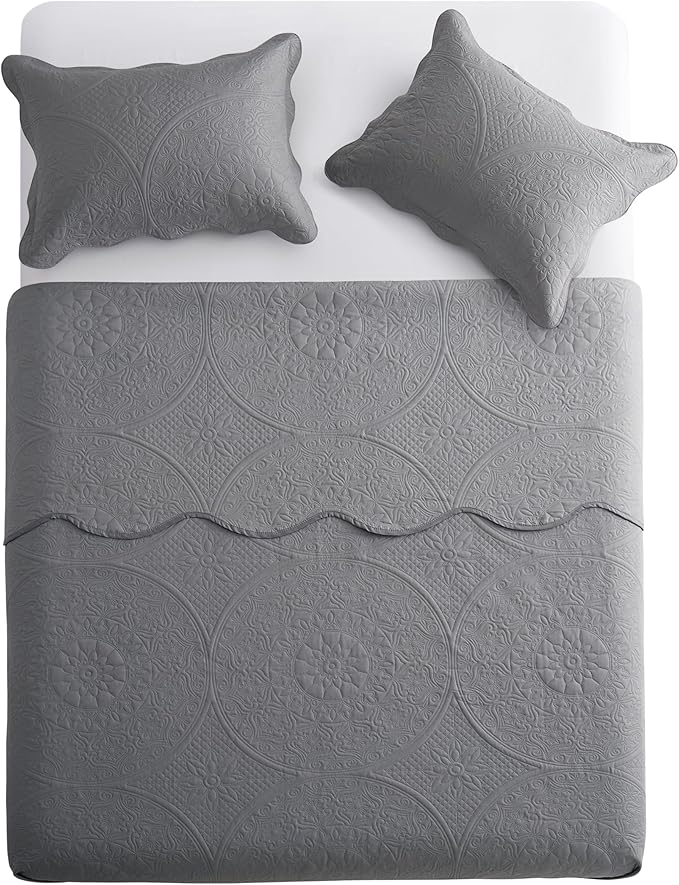 IR Imperial Rooms Twin Quilt Bedding Set Size (68” x 86”) + 1 Pillow Shams (20” x 26” + 2”) - 2 Pcs All Season Lightweight Reversible Microfiber Coverlet Floral Embossed Quilt Bedspread (Grey)