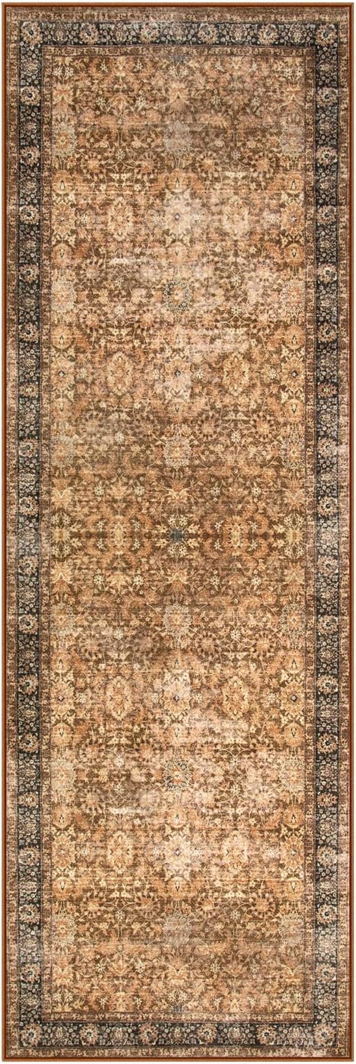 Morebes Vintage Washable Runner Rug 2x6, Floral Kitchen Runner Rugs Non Slip, Super Soft Distressed Indoor Throw Carpet for Hallway Bedroom Bedside Bathroom Laundry Room, Dark Brown