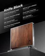 RAVS Magnetic Knife Holder for Countertop, Double-Sided Acacia Wood Magnetic Knife Block with Stainless Steel Frame, Freestanding Knife Storage Rack with Knife Sharpener, Magnetic Knife Holder Stand