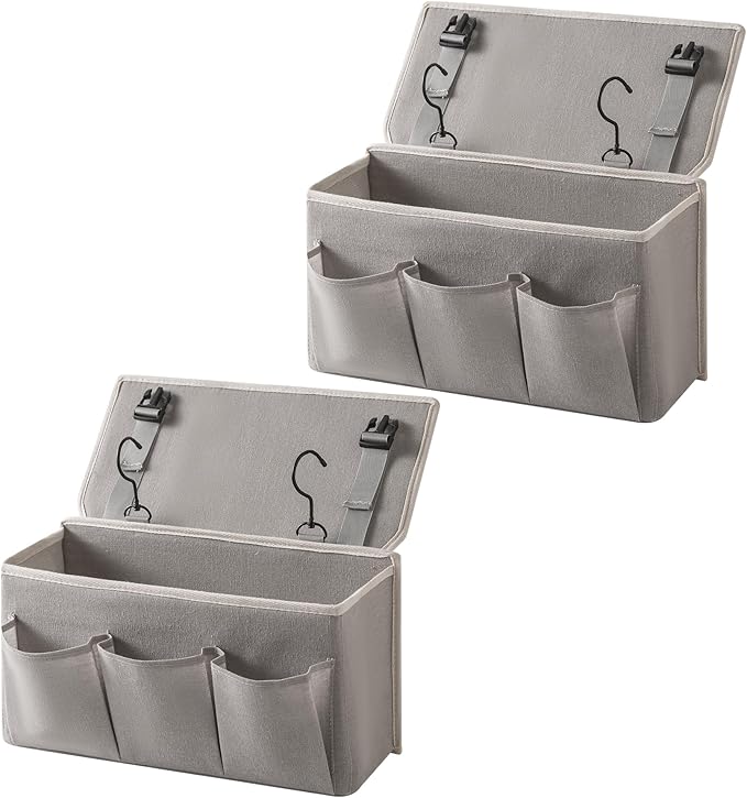 Bedside Caddy / Bedside Storage Organizer Hanging Bag with Three Options,Suitable for home beds, sofas, and dormitory beds—can hold magazines, books, phones, iPads, remote controls. (2-Pack Gray)