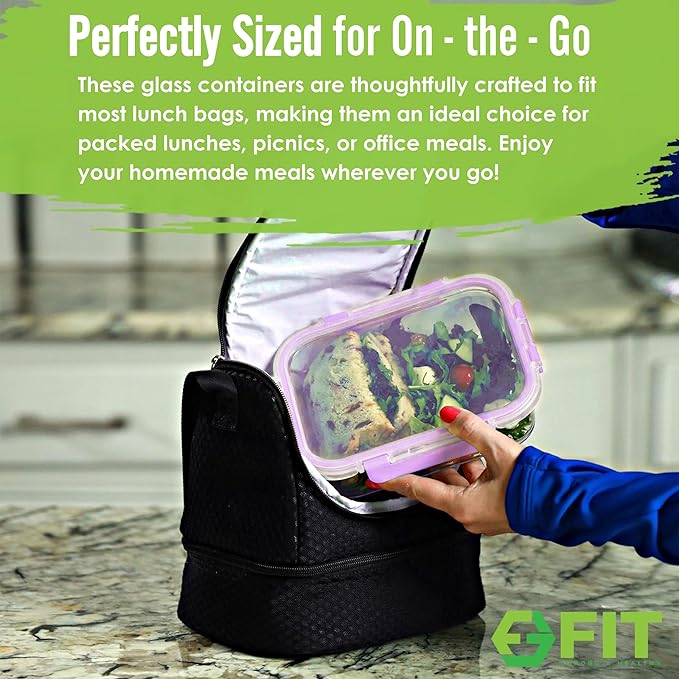 2 & 3 Compartment Glass Meal Prep Containers (4 Pack, 32 oz) - Glass Food Storage Containers with Lids, Bento Box, Portion Control, Airtight, Oven & Freezer safe, Food Container, Lavender