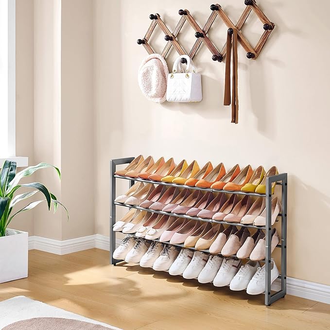 FAVOOSTY 4-Tier Expandable Shoe Rack, Adjustable Shoe Shelf Storage Organizer Space Saving Metal Free Standing Shoe Rack for Entryway Closet Doorway, Silver Grey