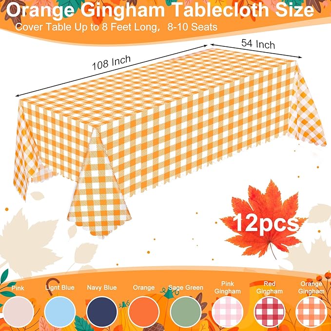 NatNarr 12 Pack Orange Gingham Tablecloth, 54 X 108Inch Plastic Orange Checkered Table Cloth Disposable Scalloped Tablecloths Waterproof Plaid Table Cover for Picnic Wedding Birthday Outdoors Party