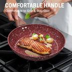 KOCH SYSTEME CS 12" Red Granite Non-Stick Frying Pan with Lid, Classic Pans with Non-toxic Nonstick Coating, Aluminum Skillet with Heat-resistant Bakelite Handle, Induction Compatible Frying Pan