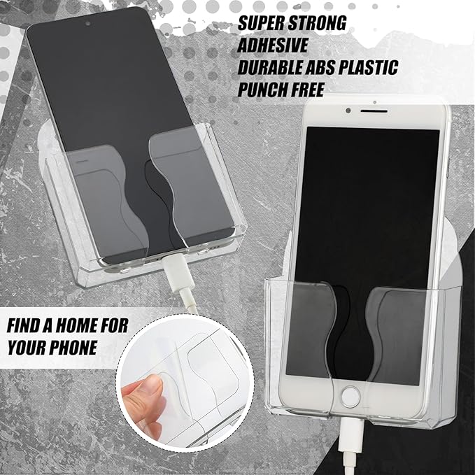 Geelin 6 Pcs Wall Mounted Phone Holder Self Adhesive Cell Phone Stand with Charging Hole Acrylic Remote Control Stand Bedside Organizer for RV Bed Desk Shower Most Smartphone(Clear,Novel Style)
