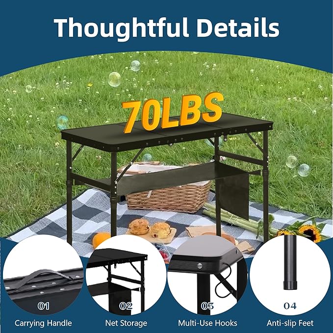 LOFTEY Folding Camping Table with 3 Adjustable Height, 3ft Foldable Aluminum Camp Table, Lightweight with Storage Bag, Portable for Outdoor, BBQ, Hiking, 34.2" x 15.7" x 27.5", Black
