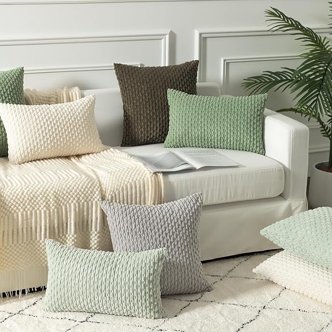 Kevin Textile 12x20 Inch Pillow Cover 1 Pack Boho Decorative Soft Striped Corduroy Lumbar Farmhouse Solid Color Accent Rectangle Cushion Case for Living Room Couch Sofa Bed, Sage Green