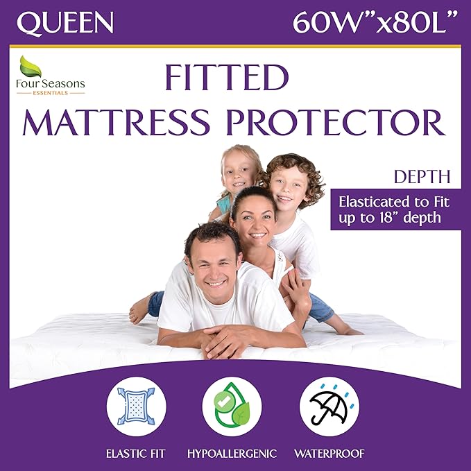 Queen Size Waterproof Mattress Protector - Fitted Sheet Mattress Cover with Deep Pockets - Hypoallergenic, Breathable, Water Proof, Noiseless, Vinyl Free