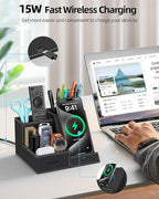 Wireless Charger with Desk Organizer, Pen Pencil Holder, Multifunctional Desktop Organizer, Office Supplies and Desk Accessories Organizer with 3 Compartments and 1 Phone Stand