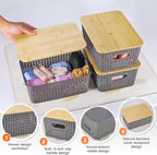 Plastic Storage Baskets With Bamboo Lid - Plastic Storage Containers Stackable Storage bins: Storage Baskets for Organizing Shelves Drawers Desktop Closet Playroom Classroom Office, 6 Pack, Gray