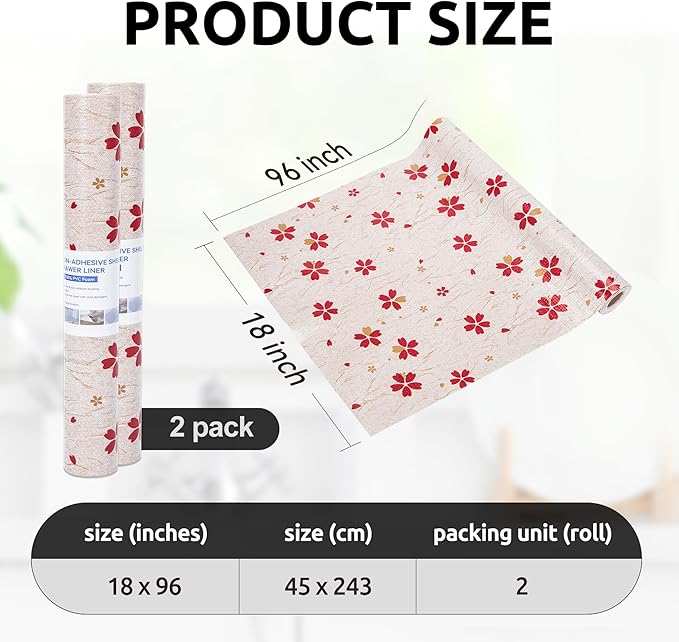 RAY STAR 18X96 Inch Shelf Liner for Kitchen Cabinets, Non-Adhesive Cabinet Liner Washable, PVC Drawer Liner for Dresser Non-Slip Bathroom (Red Floral)(2 Roll)